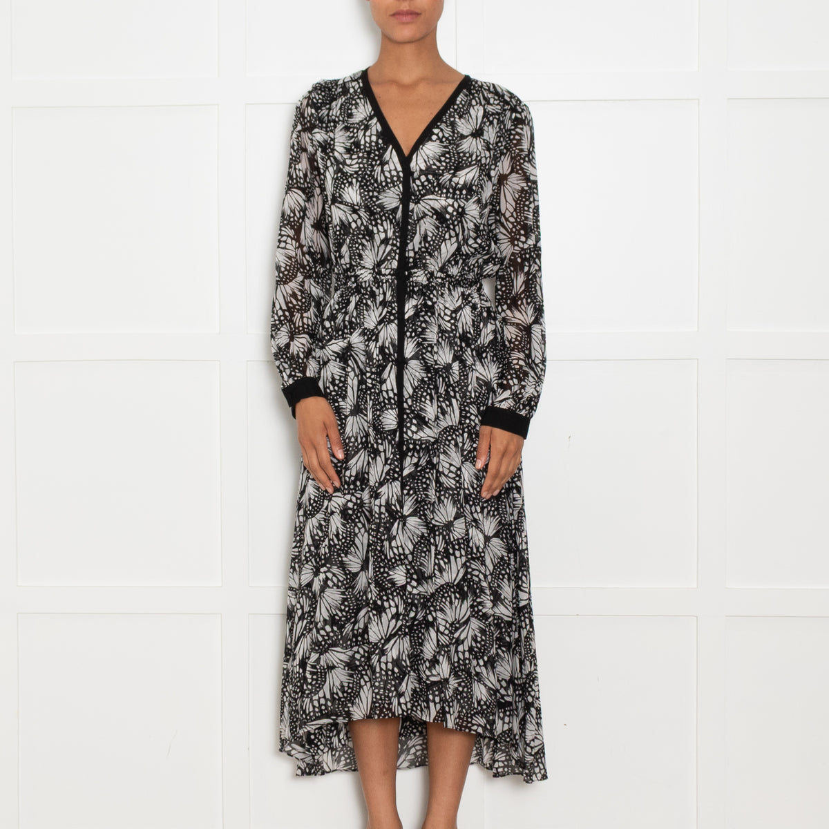 The Kooples Black and White Butterfly Print Maxi Dress