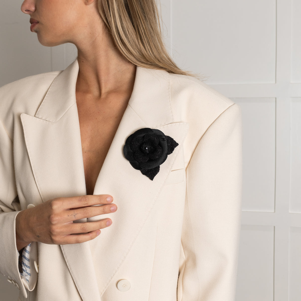Chanel Black Tweed Satin Shiny Bud Camellia Brooch