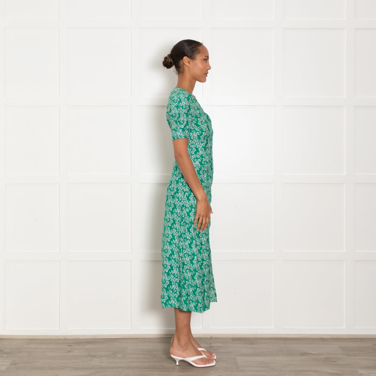 Rixo Green White Floral Midi Dress