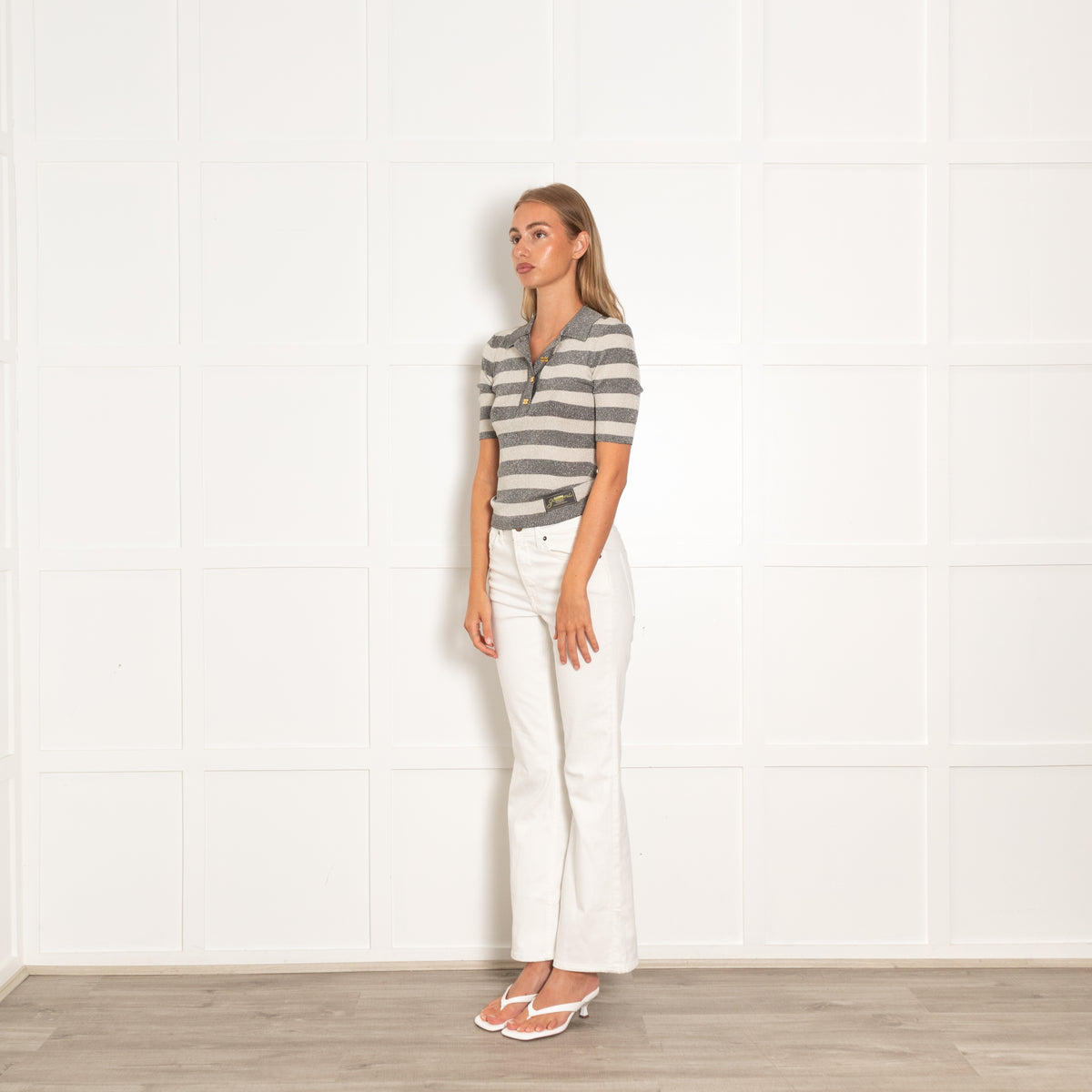 Ganni Cream And Grey Metallic Striped Fitted Button Up T- Shirt