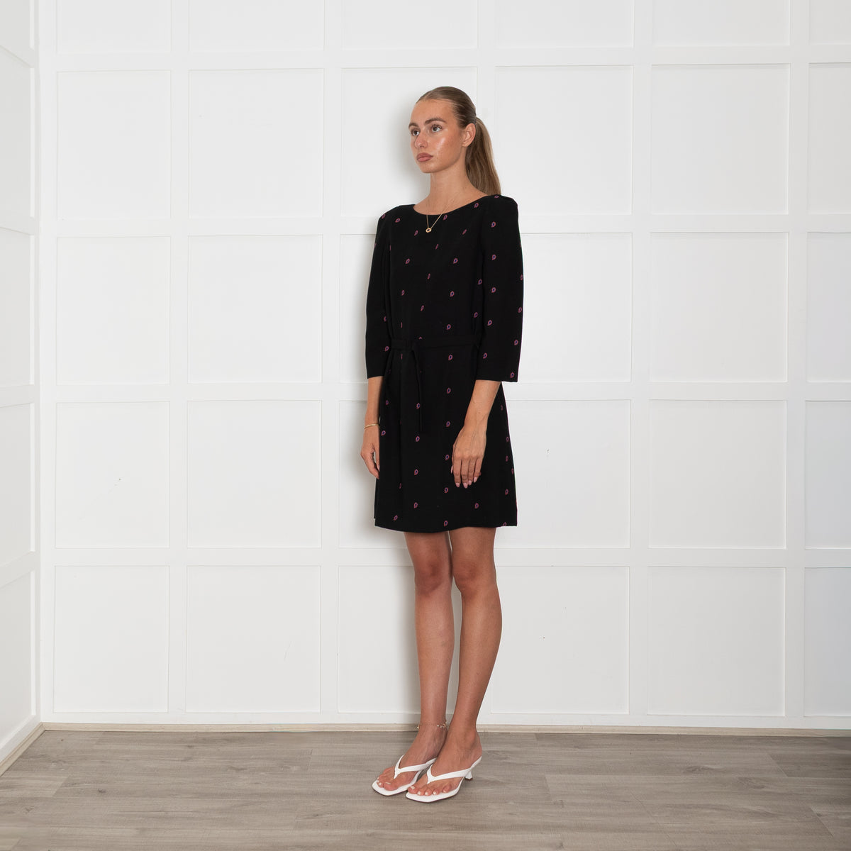 Claudie Pierlot Black Shift Dress with Orange and Pink Embroidered Paisleys