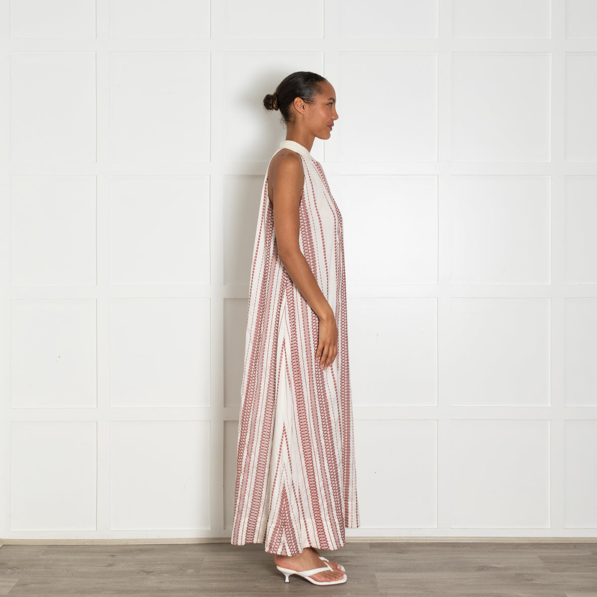 Zeus + Dione Cream Burgundy Sleeveless Silk Blend Long Dress