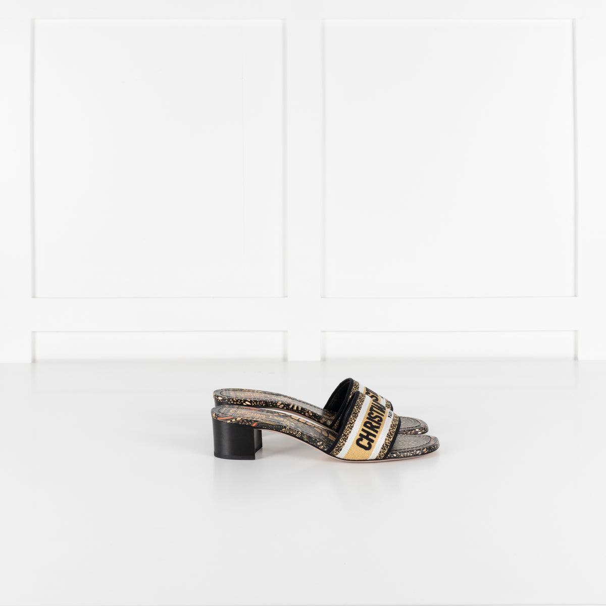 Christian Dior Black Beige Embroidered Dway Heeled Mules