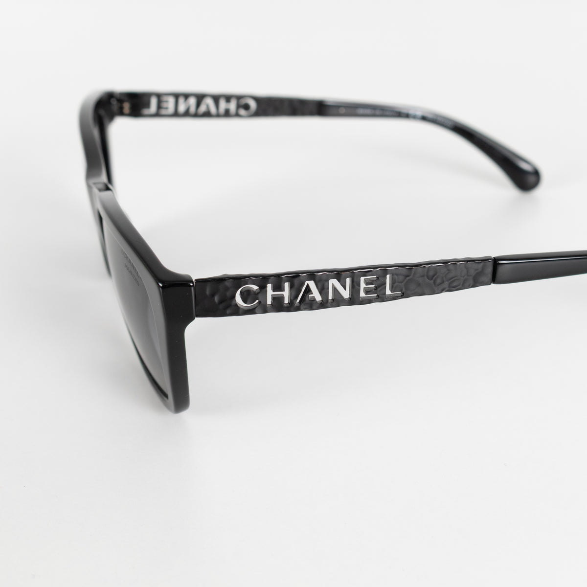Chanel Black Logo Sunglasses with Matte Black Hammered Arms