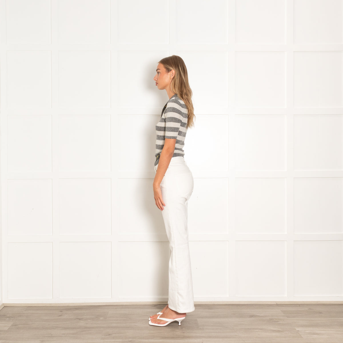 Ganni Cream And Grey Metallic Striped Fitted Button Up T- Shirt