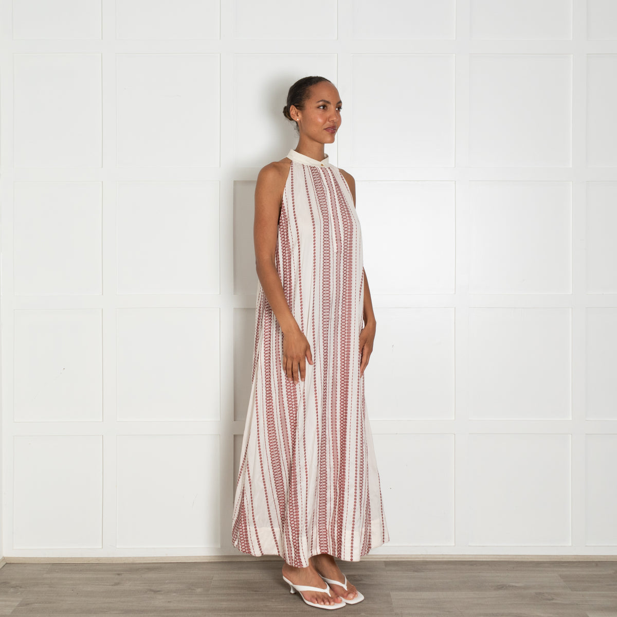 Zeus + Dione Cream Burgundy Sleeveless Silk Blend Long Dress
