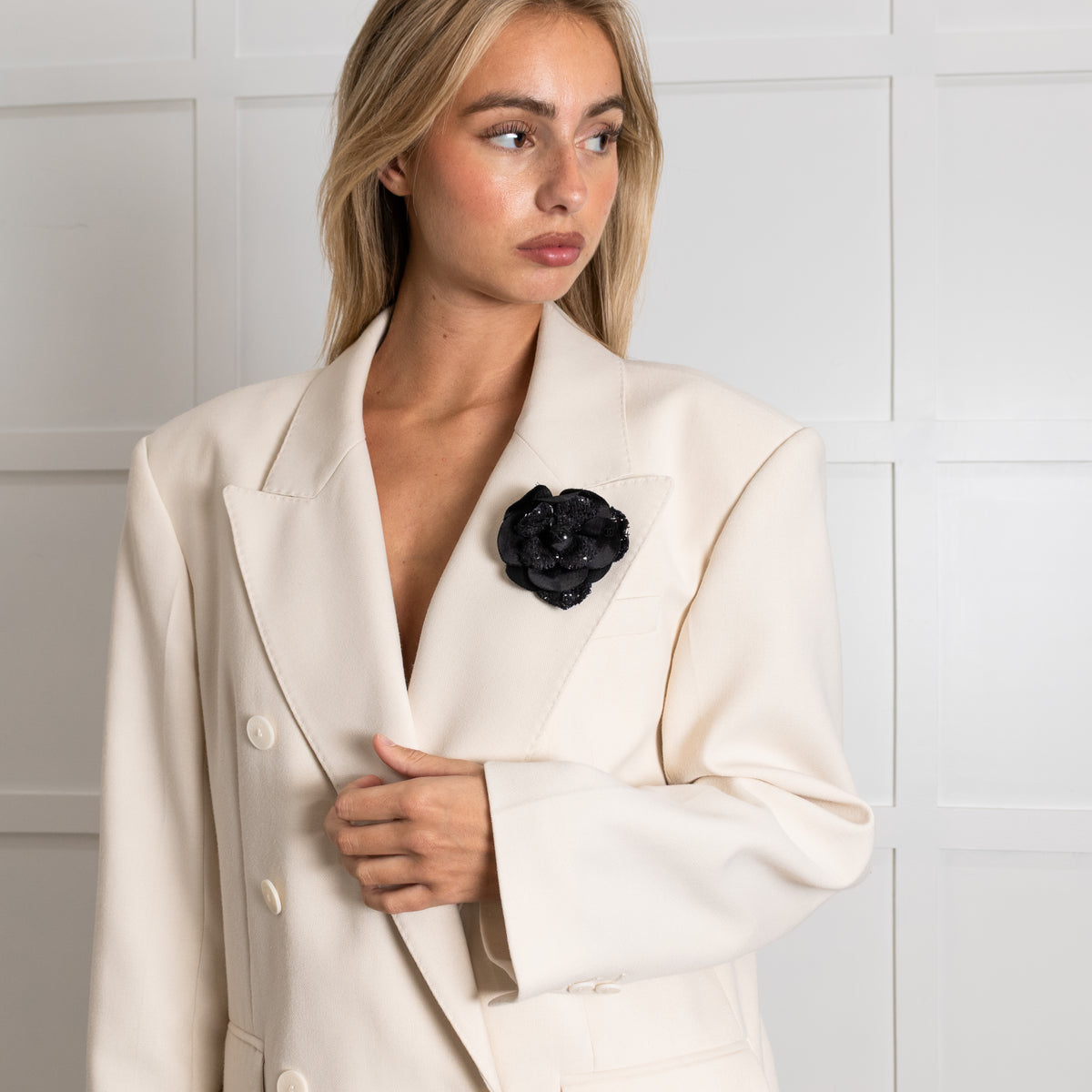 Chanel Black Tweed Satin Shiny Bud Camellia Brooch