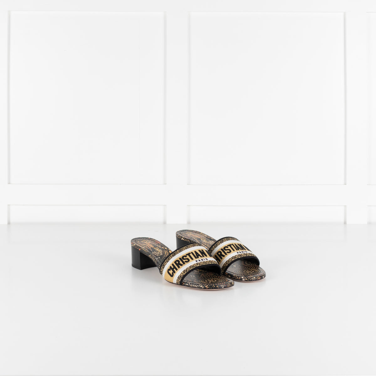 Christian Dior Black Beige Embroidered Dway Heeled Mules