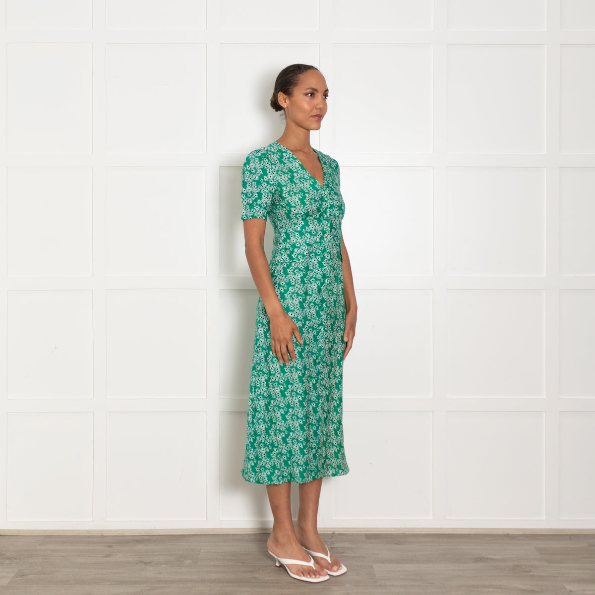 Rixo Green White Floral Midi Dress
