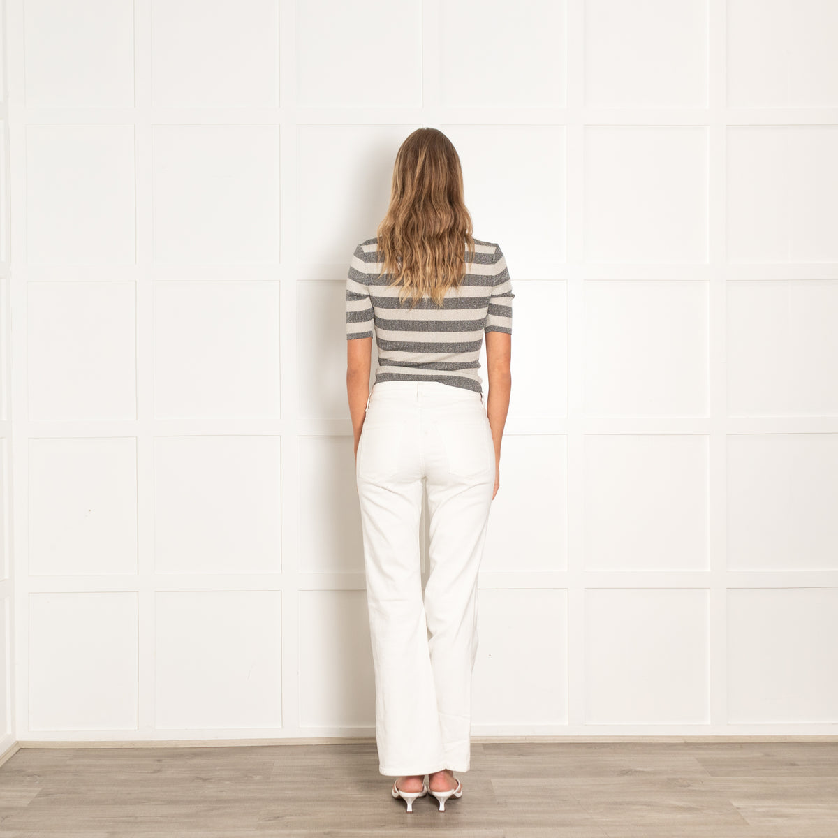 Ganni Cream And Grey Metallic Striped Fitted Button Up T- Shirt