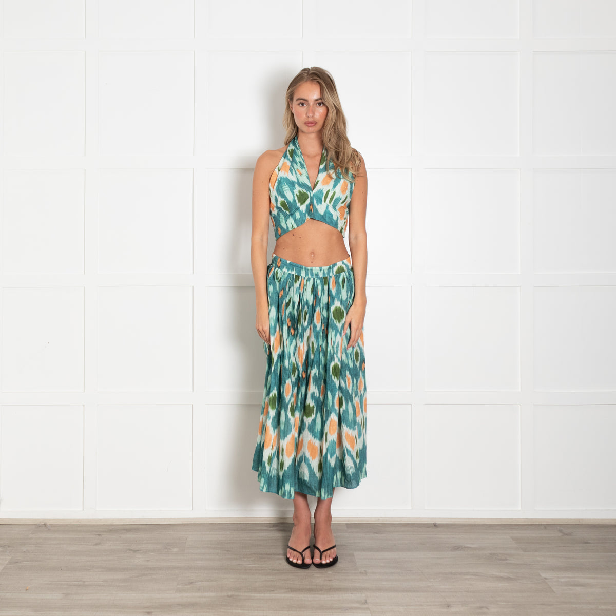 Erdem Blue Green Orange Halter Neck Tie Back Top