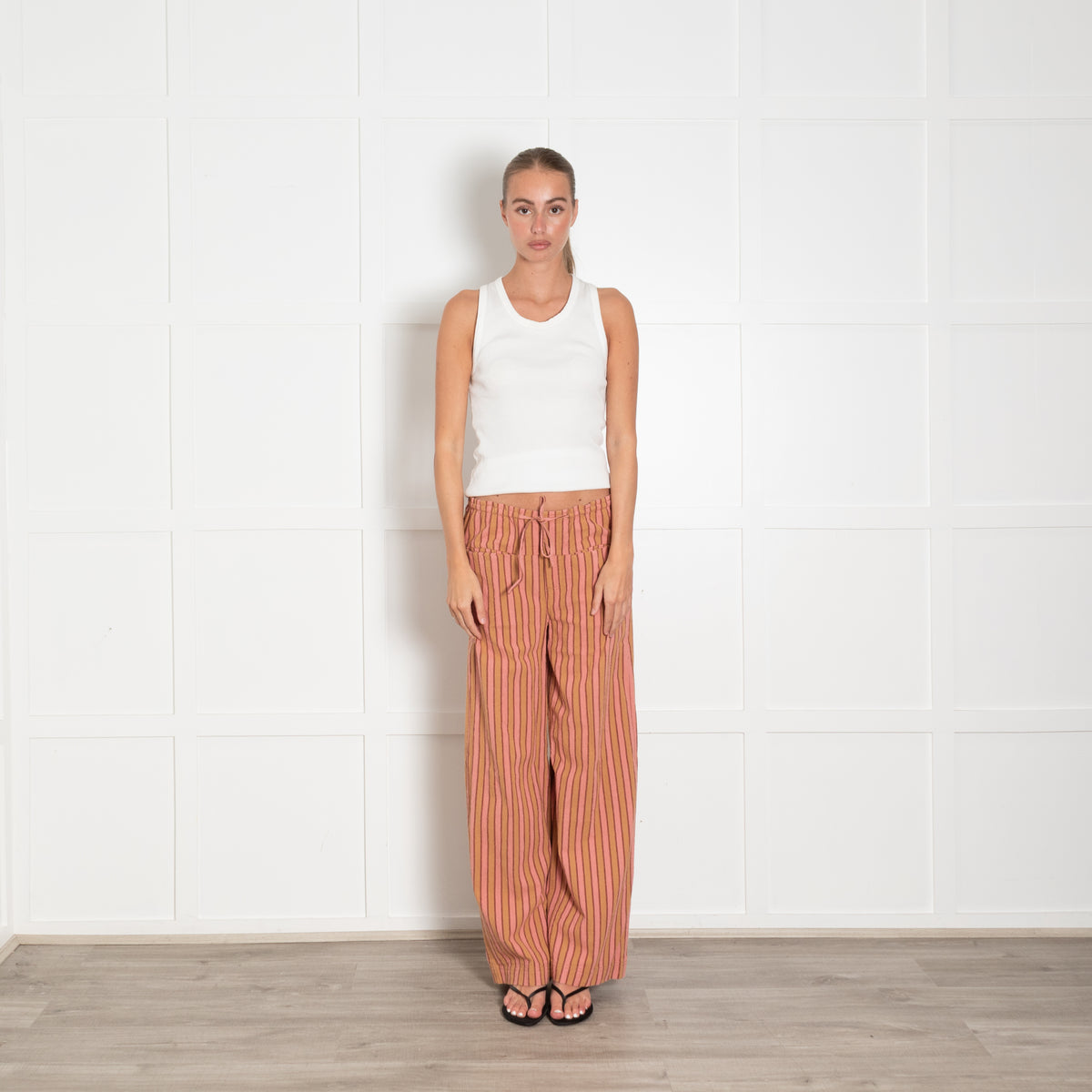 Free People Pink Beige Stripes Cotton Trousers