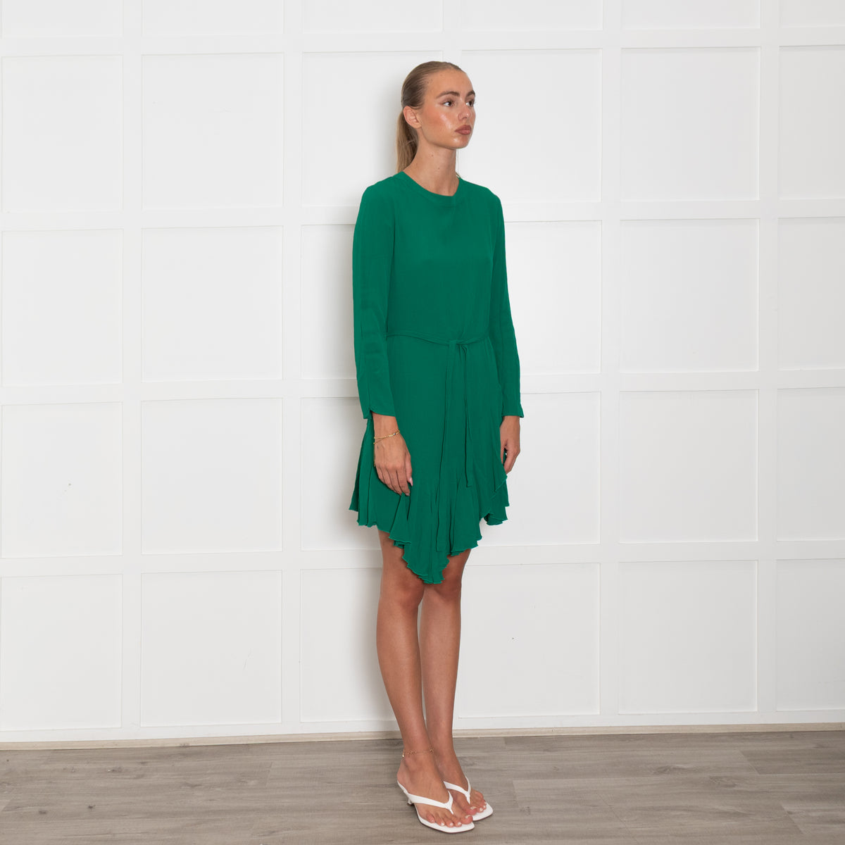 Maje Green Frill Detail Long Sleeve Mini Dress