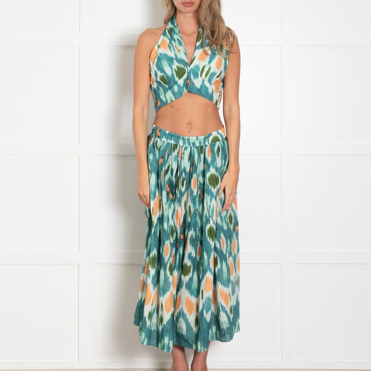 Erdem Blue Green Orange Print Midi Skirt