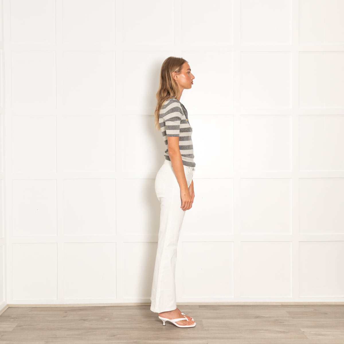 Ganni Cream And Grey Metallic Striped Fitted Button Up T- Shirt