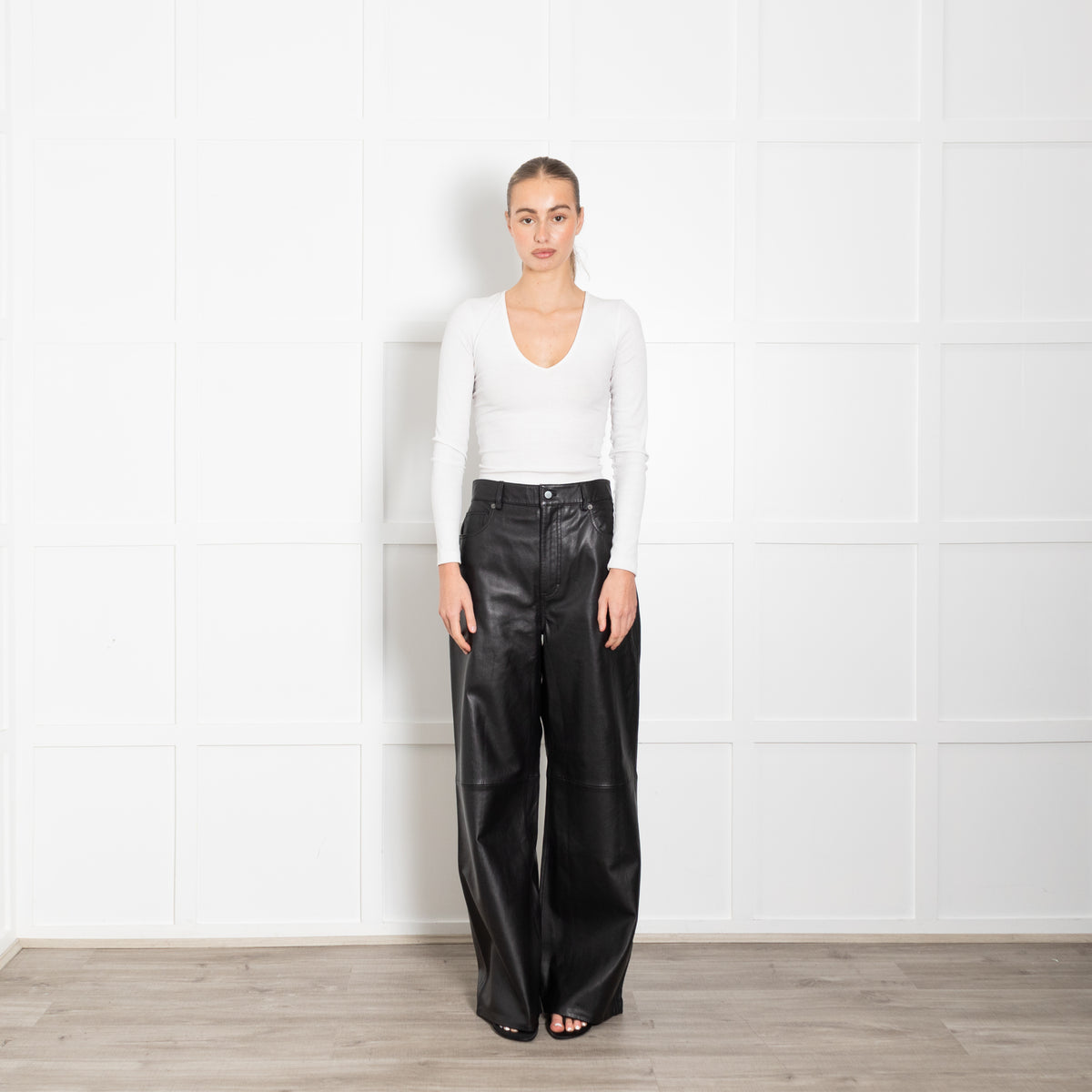 Reformation Veda Black Leather Wide Leg Trousers