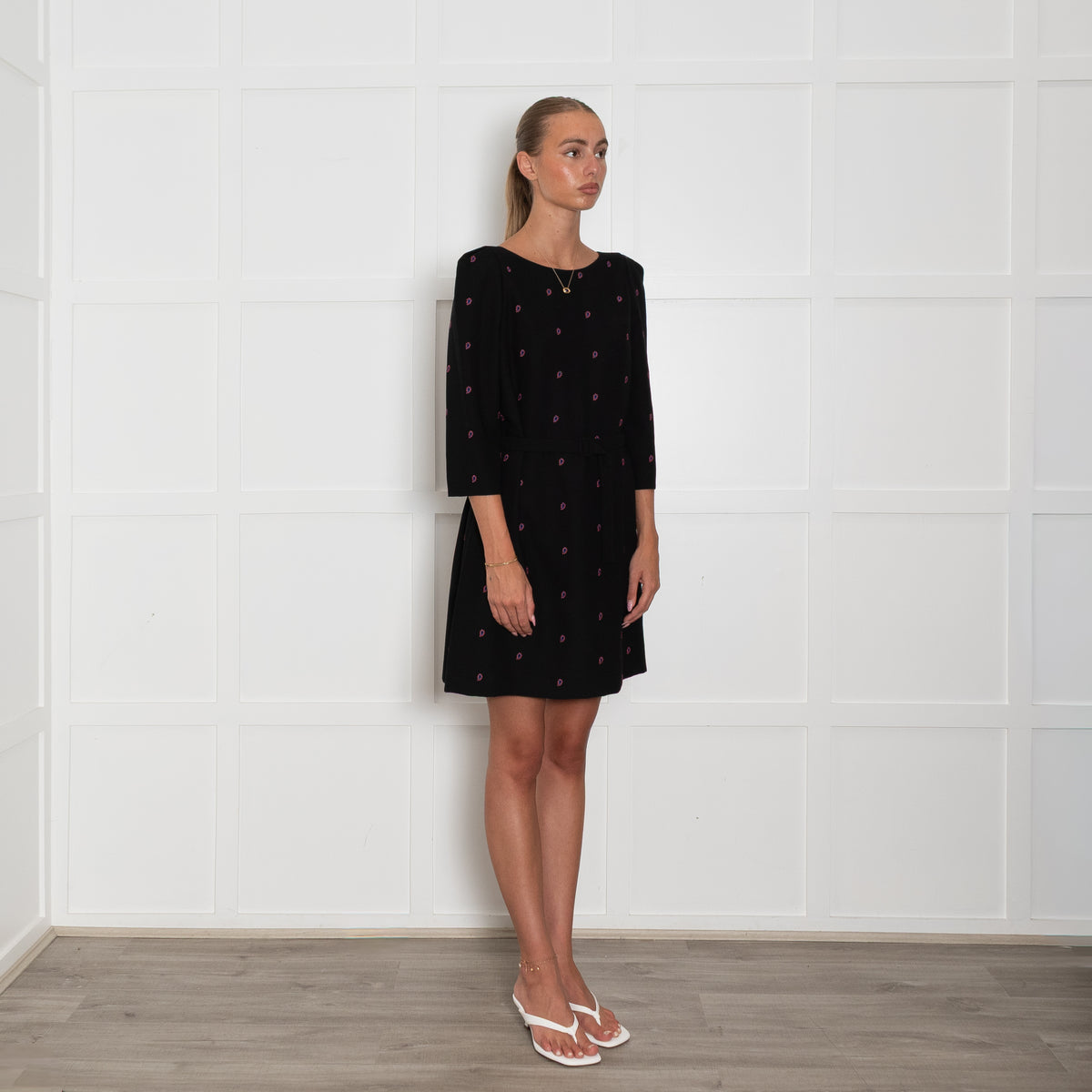 Claudie Pierlot Black Shift Dress with Orange and Pink Embroidered Paisleys