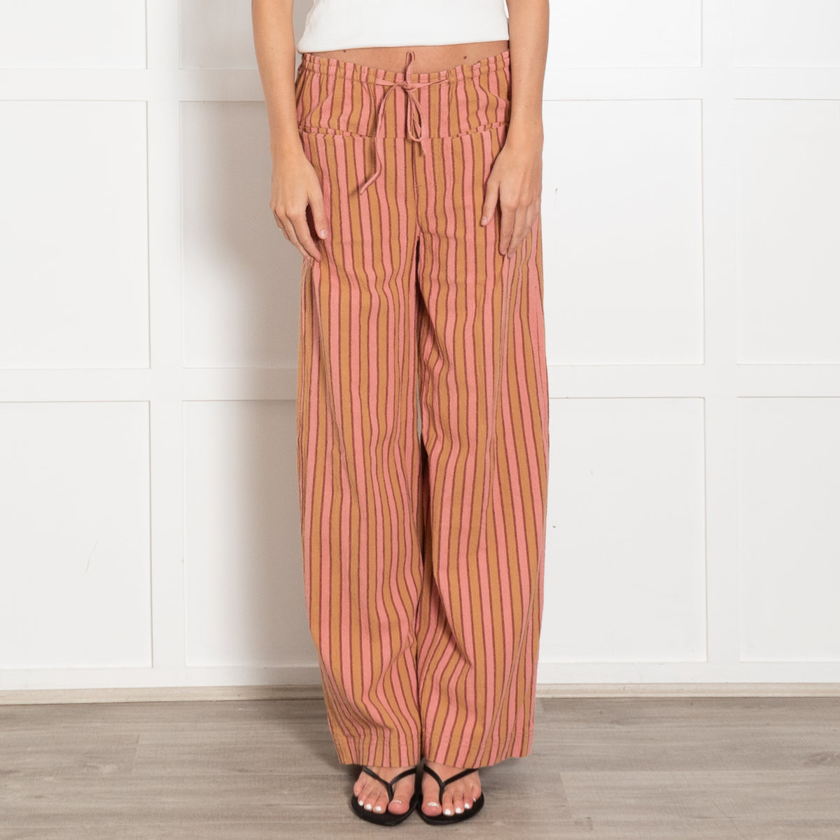 Free People Pink Beige Stripes Cotton Trousers