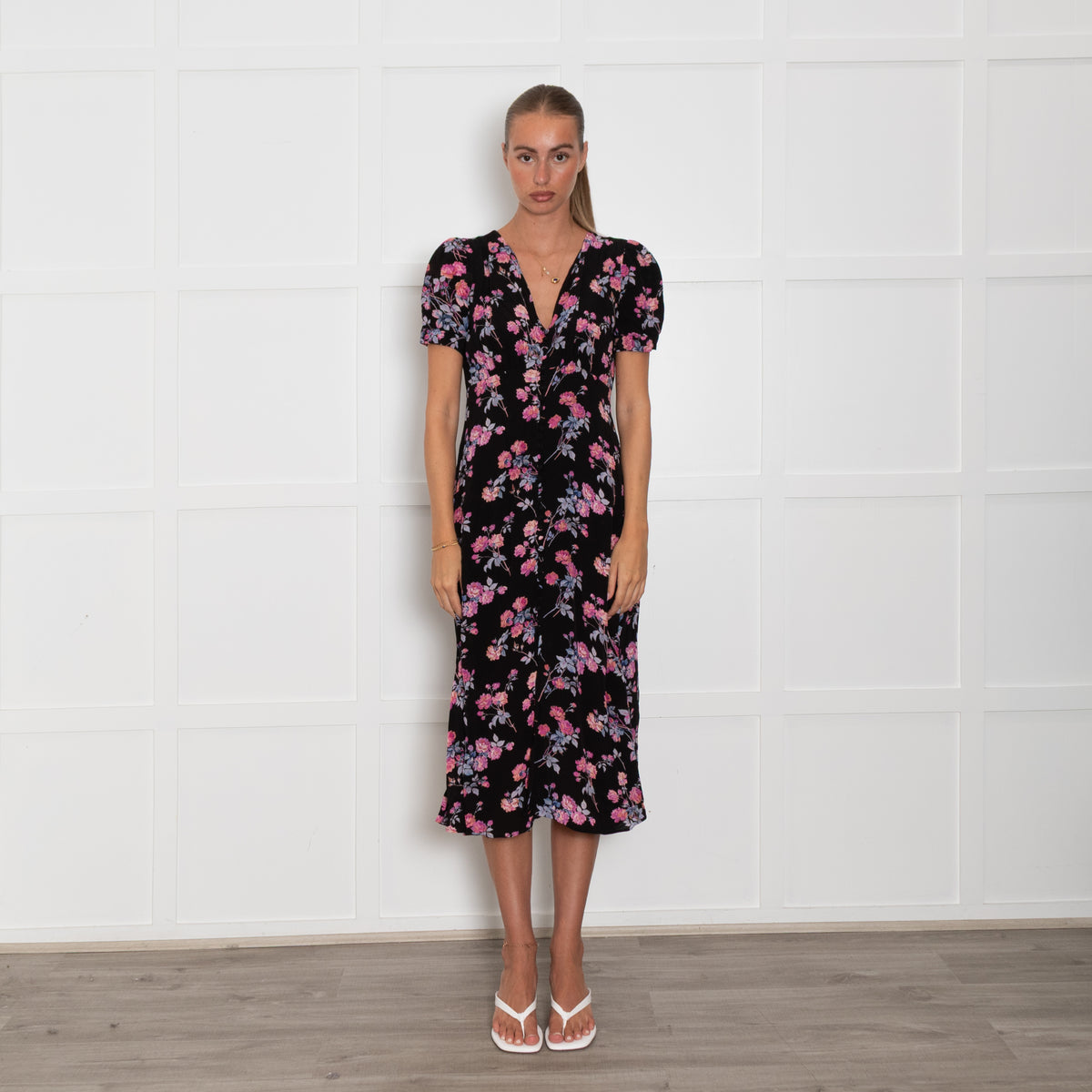 The Kooples Black Pink Floral Front Button Midi Dress
