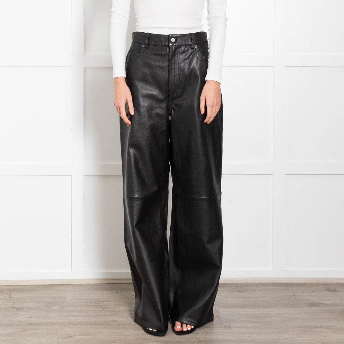 Reformation Veda Black Leather Wide Leg Trousers