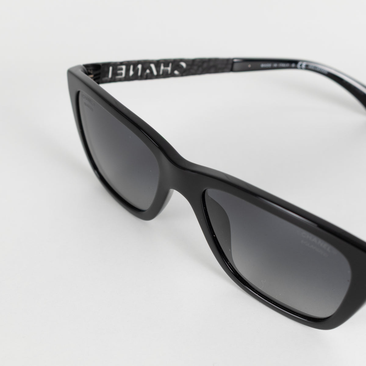 Chanel Black Logo Sunglasses with Matte Black Hammered Arms