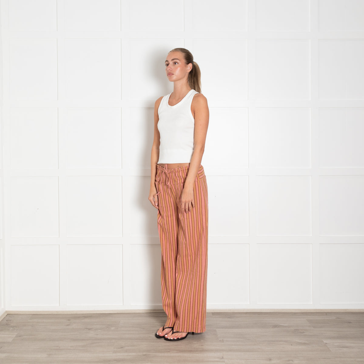 Free People Pink Beige Stripes Cotton Trousers