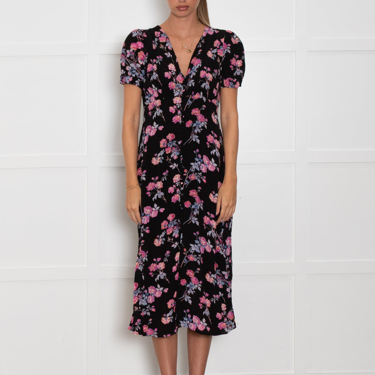 The Kooples Black Pink Floral Front Button Midi Dress