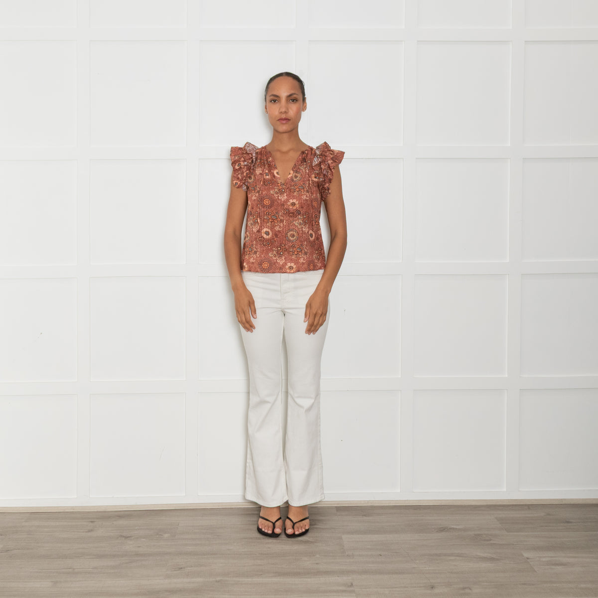 Ulla Johnson Rust Cream Floral Frill Detail Cotton Top
