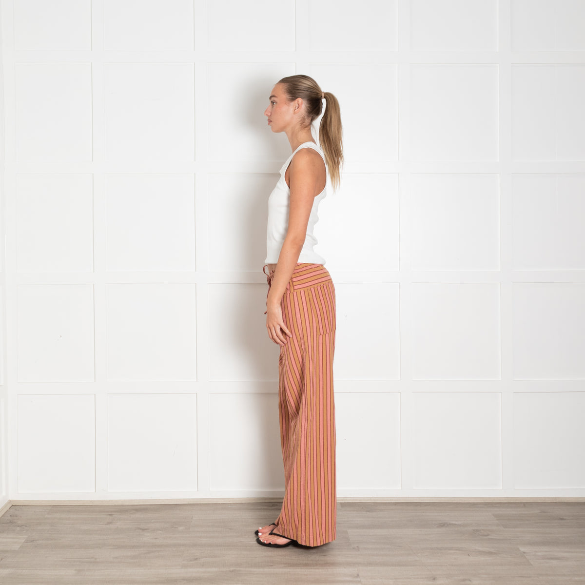 Free People Pink Beige Stripes Cotton Trousers