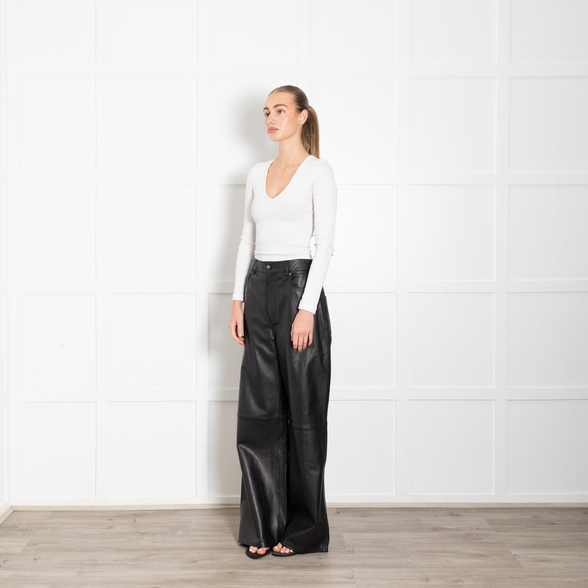 Reformation Veda Black Leather Wide Leg Trousers