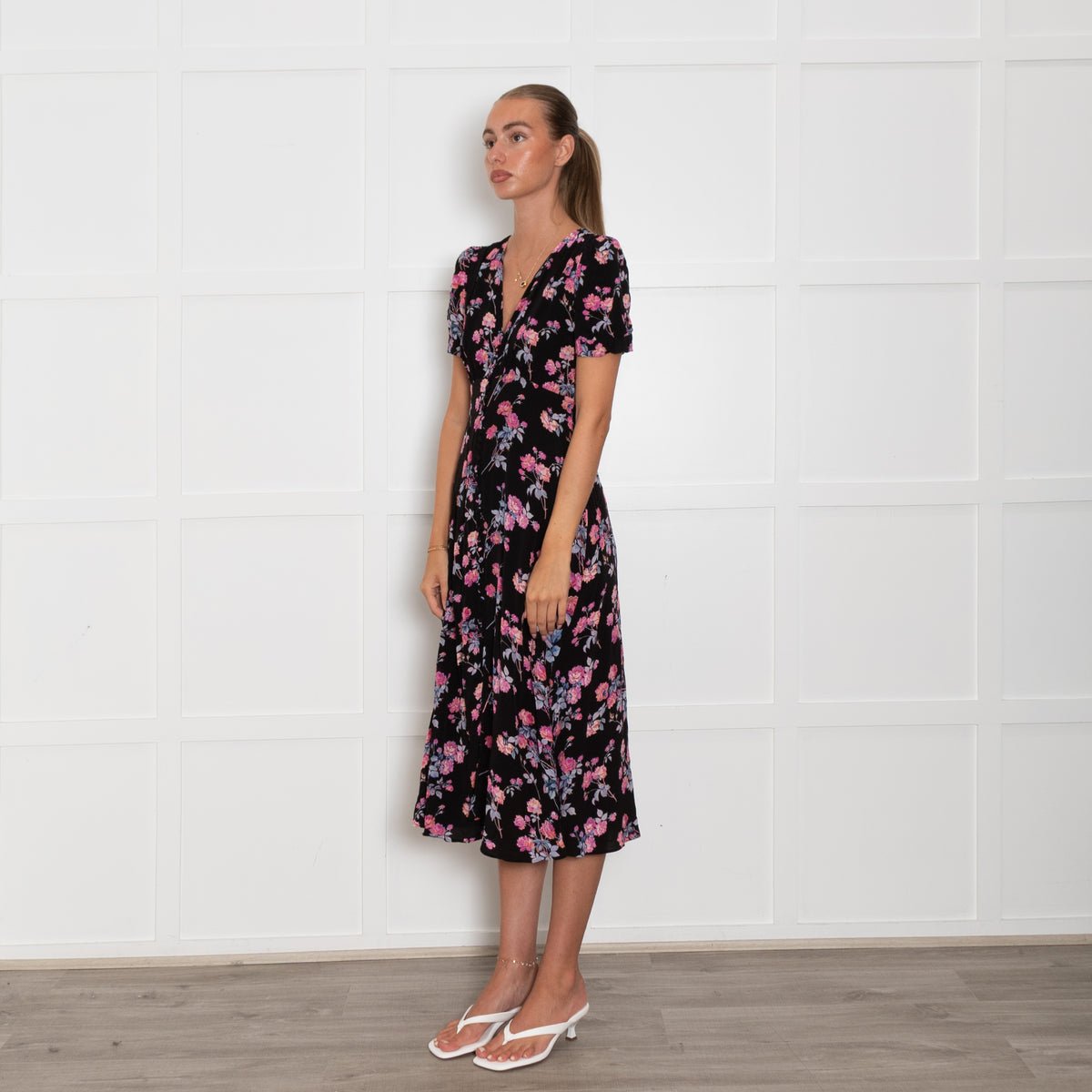 The Kooples Black Pink Floral Front Button Midi Dress