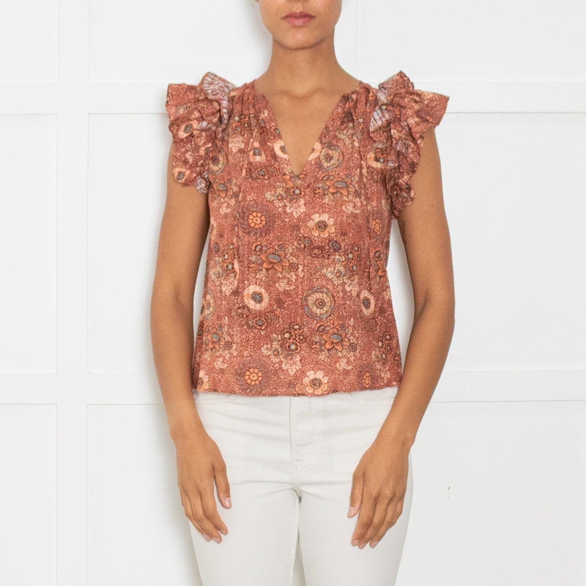 Ulla Johnson Rust Cream Floral Frill Detail Cotton Top