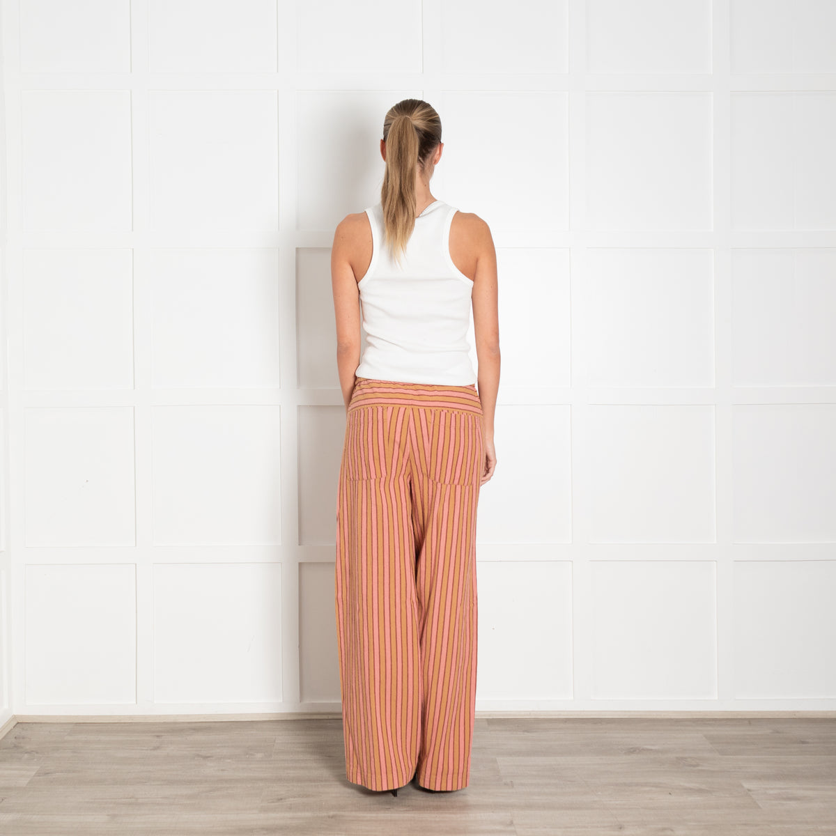 Free People Pink Beige Stripes Cotton Trousers
