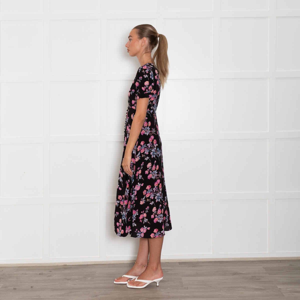The Kooples Black Pink Floral Front Button Midi Dress