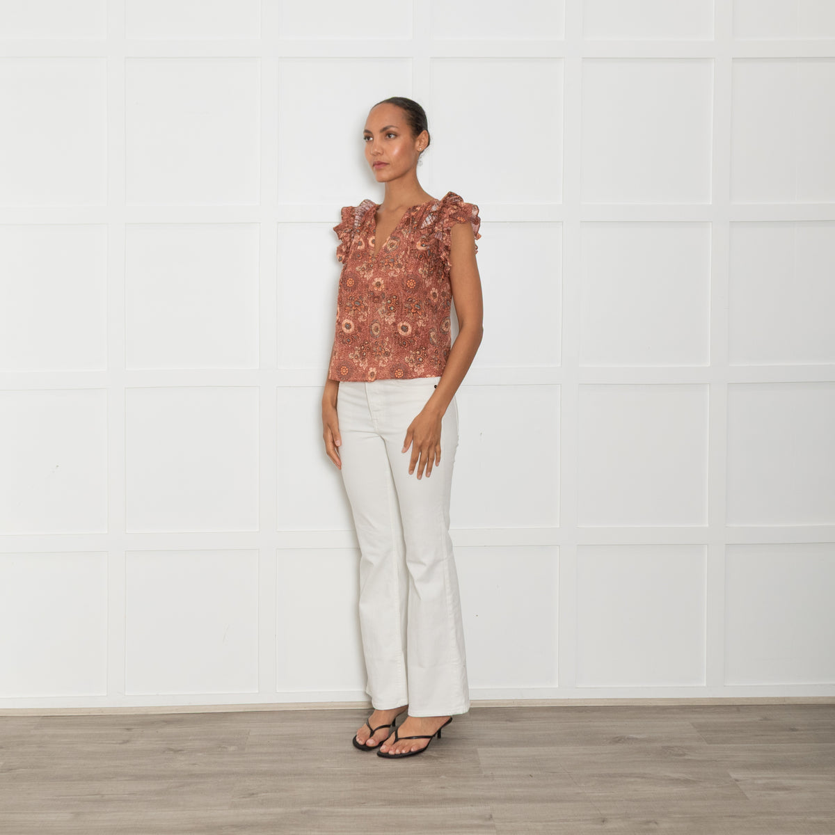 Ulla Johnson Rust Cream Floral Frill Detail Cotton Top