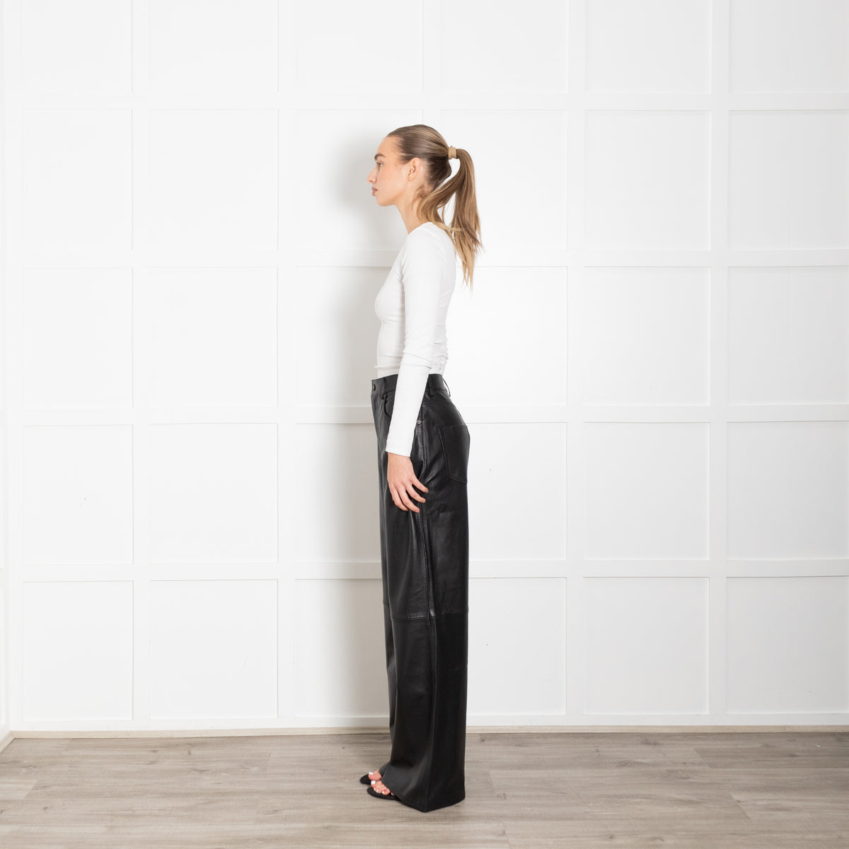 Reformation Veda Black Leather Wide Leg Trousers