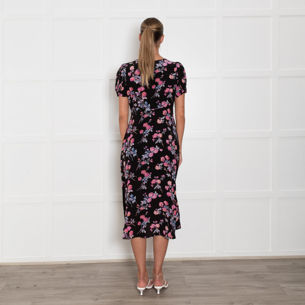 The Kooples Black Pink Floral Front Button Midi Dress
