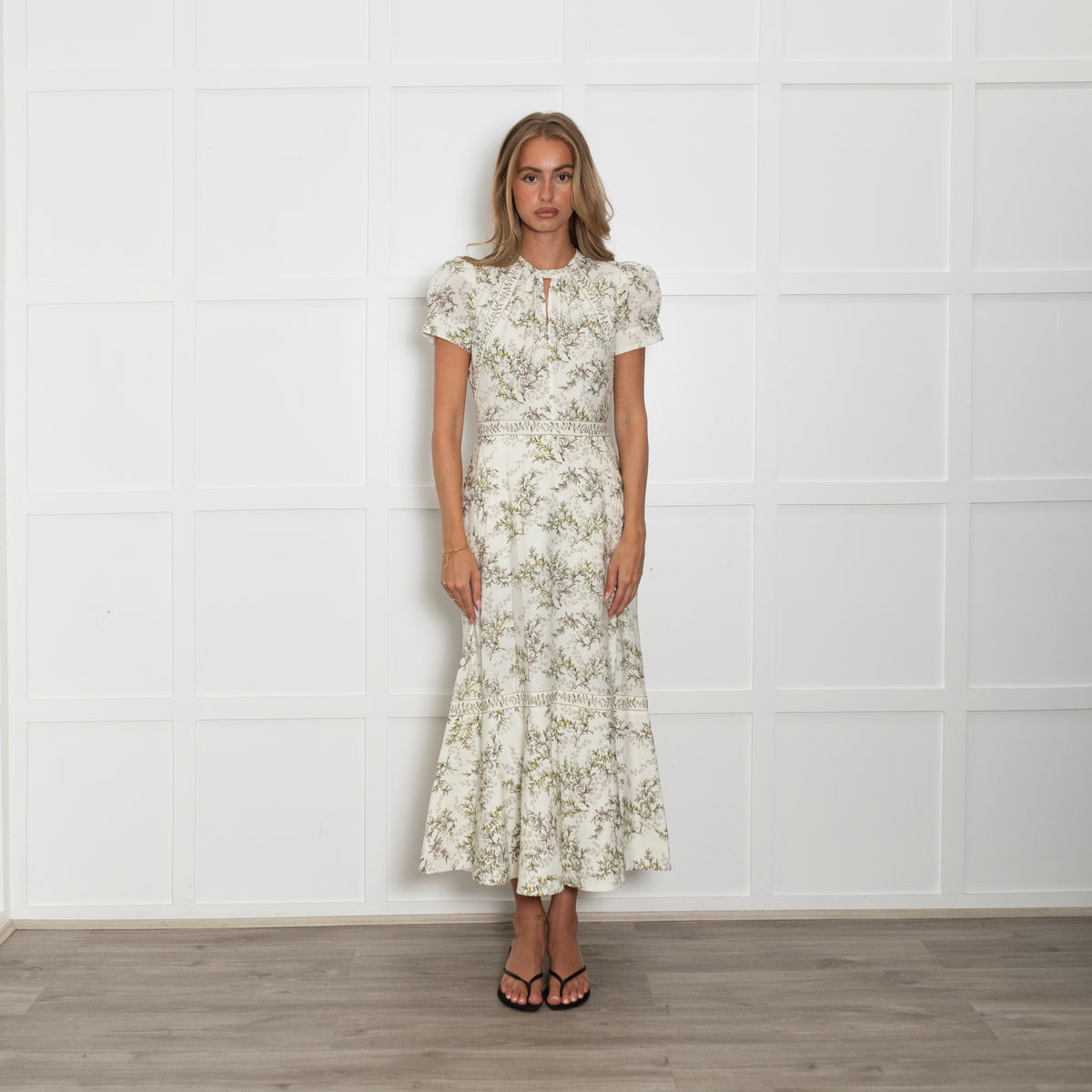 Me + Em Cream and Green Leaf Print Midi Dress