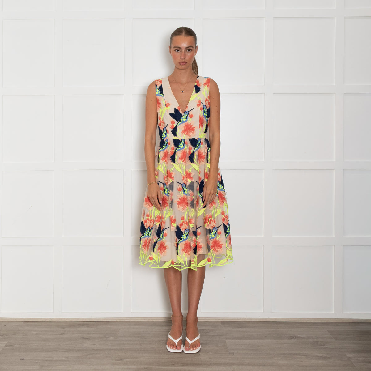 Alice + Olivia Beige Orange Neon Green Bird Embroidered Dress