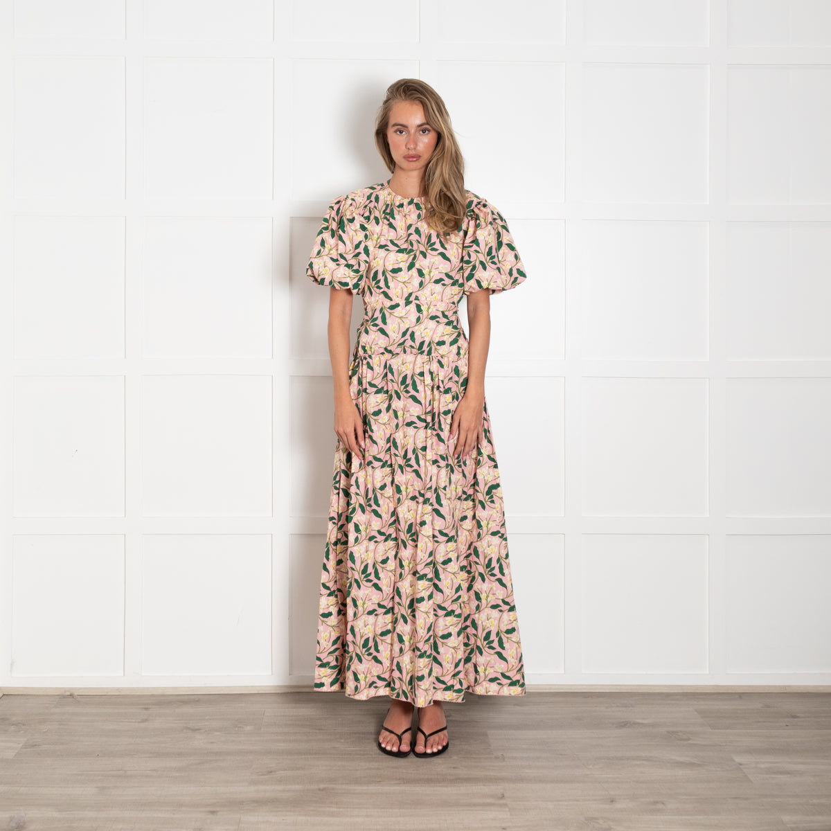 Agua Bendita Pink Green Floral Backless Puff Sleeve Maxi Dress