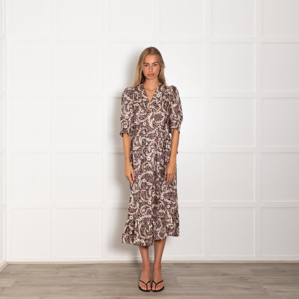 Sandro Purple Yellow Floral Wrap Midi Dress