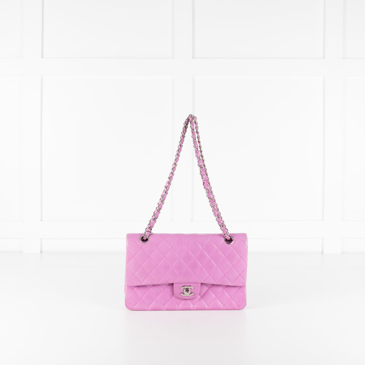 Chanel Pink Matelasse 25 Lambskin Double Flap Bag.