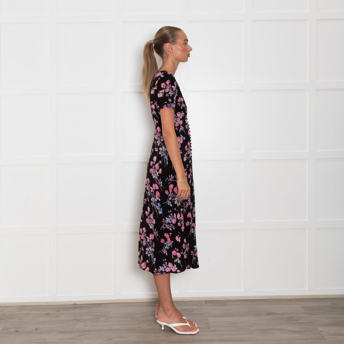 The Kooples Black Pink Floral Front Button Midi Dress