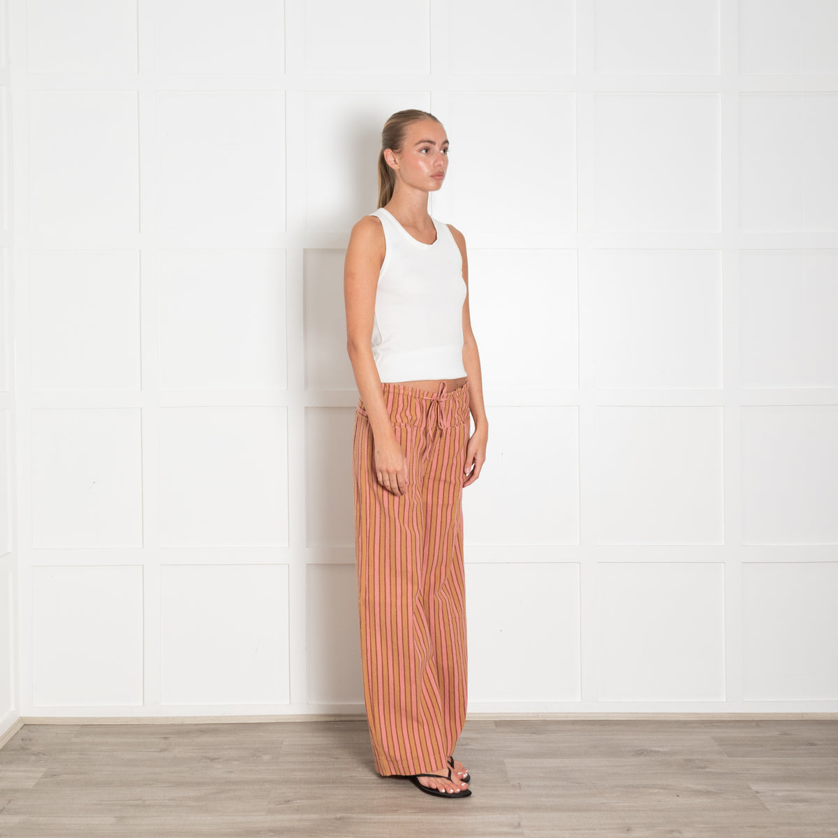 Free People Pink Beige Stripes Cotton Trousers
