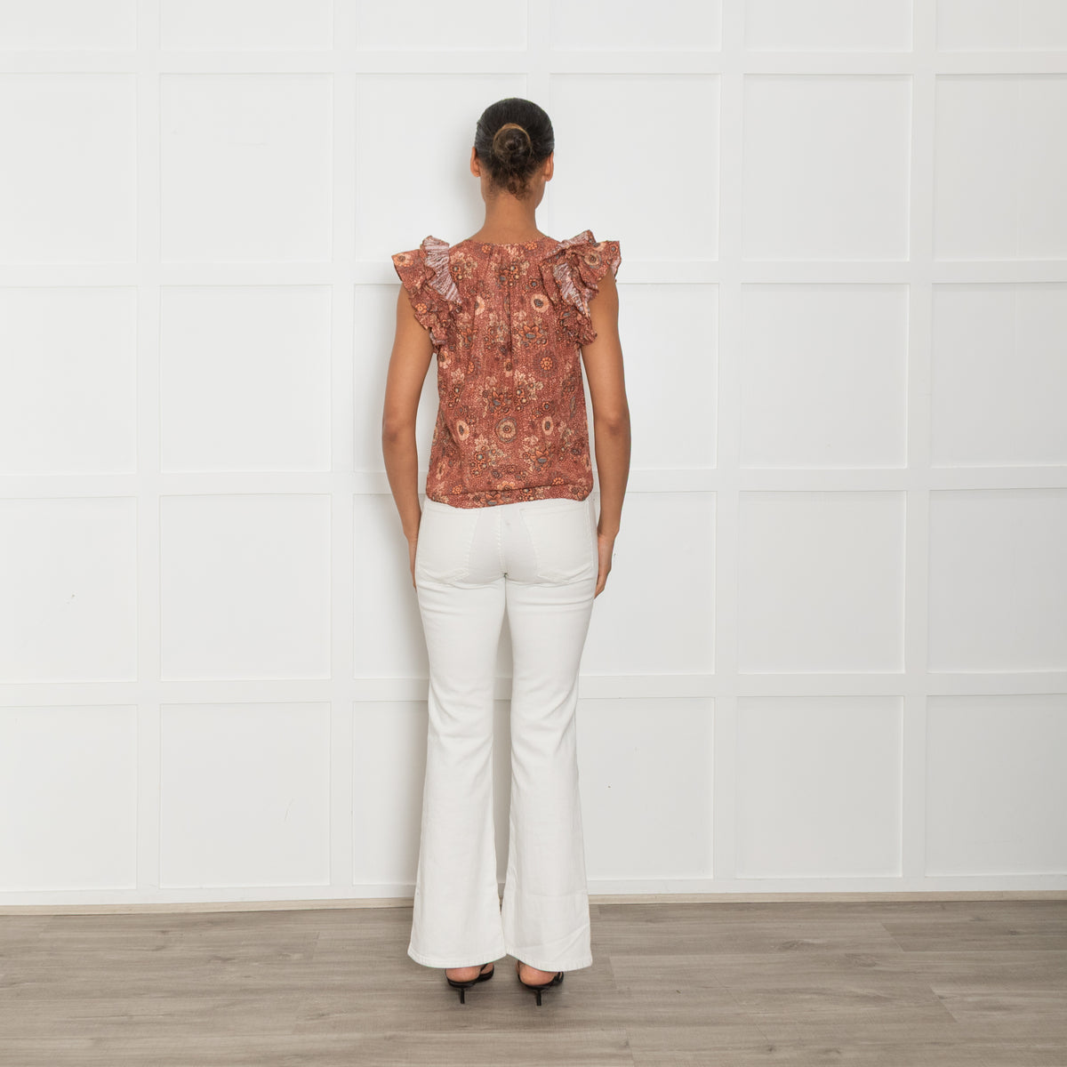 Ulla Johnson Rust Cream Floral Frill Detail Cotton Top