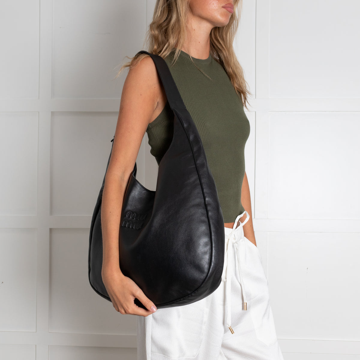 Miu Miu Black Leather Logo Hobo Bag