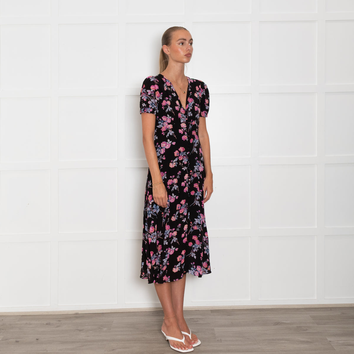 The Kooples Black Pink Floral Front Button Midi Dress