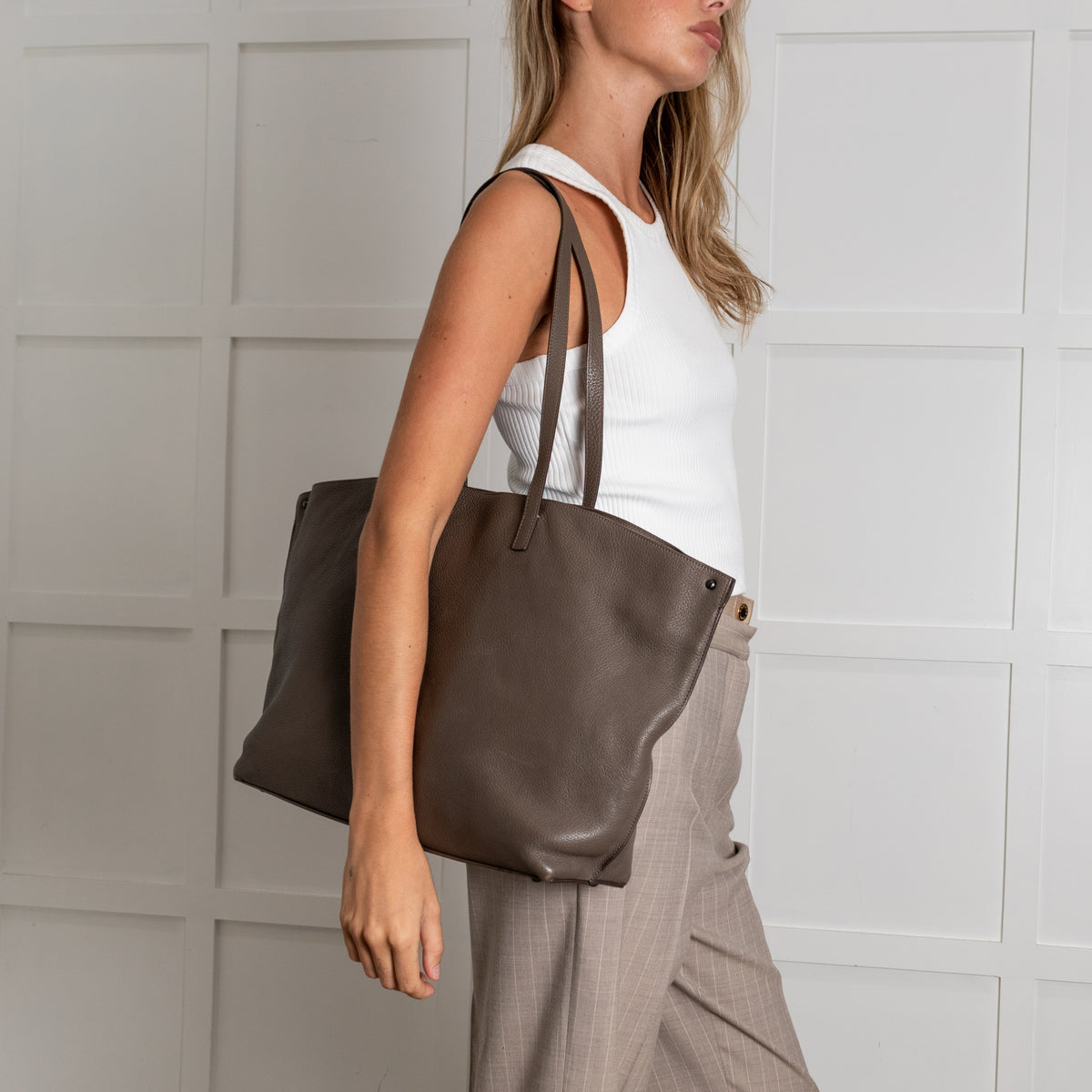 Akris Taupe Medium Shoulder Leather Tote Bag