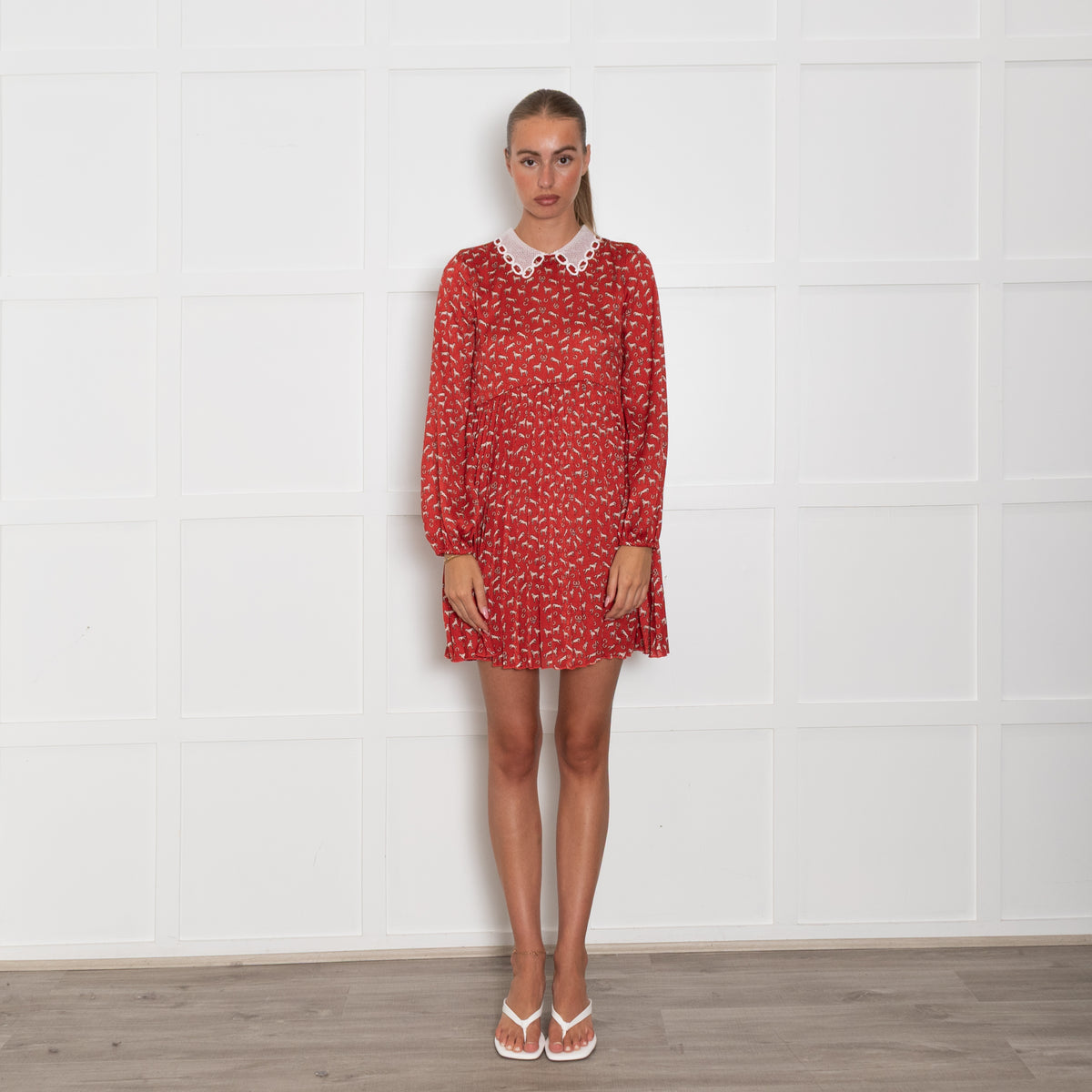 Maje Red White Horse Print Net Collared Mini Dress