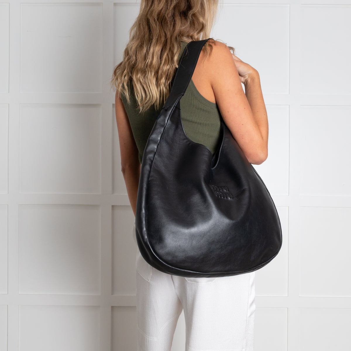 Miu Miu Black Leather Logo Hobo Bag